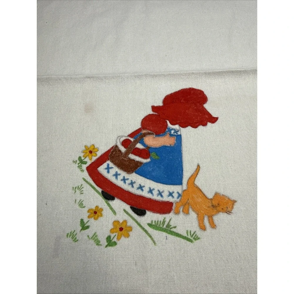 Hand Painted Dish Towel Cotton Girl Cat Flowers Country Blue